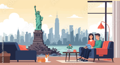 Couple in living room with New York City skyline and Statue of Liberty view