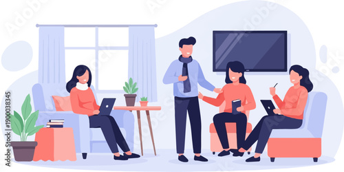 Diverse group collaborating in a bright, modern living room setting with tech