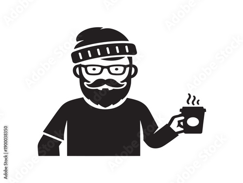 Cozy winter character with coffee and beard