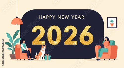 Cozy home celebration for the 2026 New Year with people, dog, and gifts