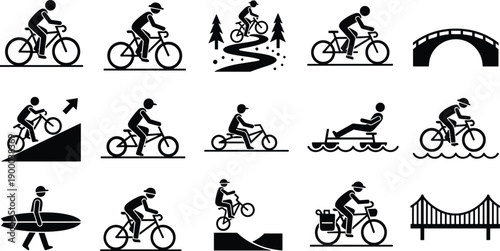 Cycling and biking icons set with riders, mountain trails and bridge symbols isolated on white background illustration