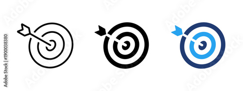 Target icon with arrow hitting bullseye. Symbol of business goals, success, marketing strategy, performance results, achievement, focus, planning and objective-driven management.