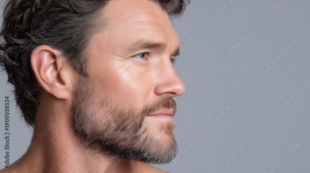 Obraz premium Moist hydrated male jawline subtle glow bright grey background closeup portrait bearded profile