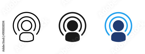 Influence and signal icon with person profile and broadcast waves. Symbol of reach, audience connection, online communication, social influence, media presence, digital engagement and network.