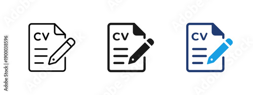 CV and resume writing icon with document and pencil. Symbol of job application, career development, recruitment process, employment, HR management and professional profile editing.
