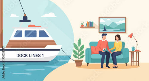 Couple relaxing indoors while boat docks outside
