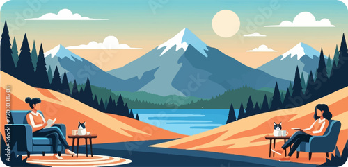 Cozy scene of two people and cats enjoying a serene mountain lakeside retreat