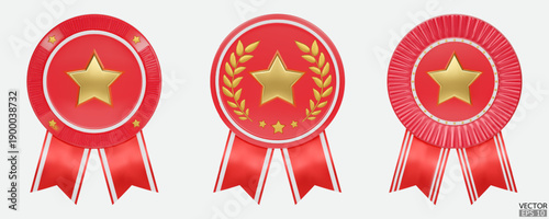 Set of 3D quality guarantees red medals with gold star and ribbon. Red badge warranty icon. Realistic graphics Certificate Badge, award badge, winner trophy prize. 3D vector illustration.