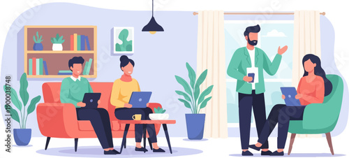 Diverse group collaborating and learning using laptops and tablets in a bright home office