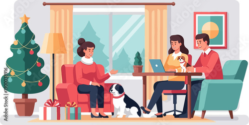 Family celebrating holiday indoors with tree, gifts, pets, and laptop