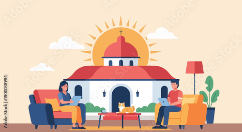 Couple relaxing indoors with cat and building scene