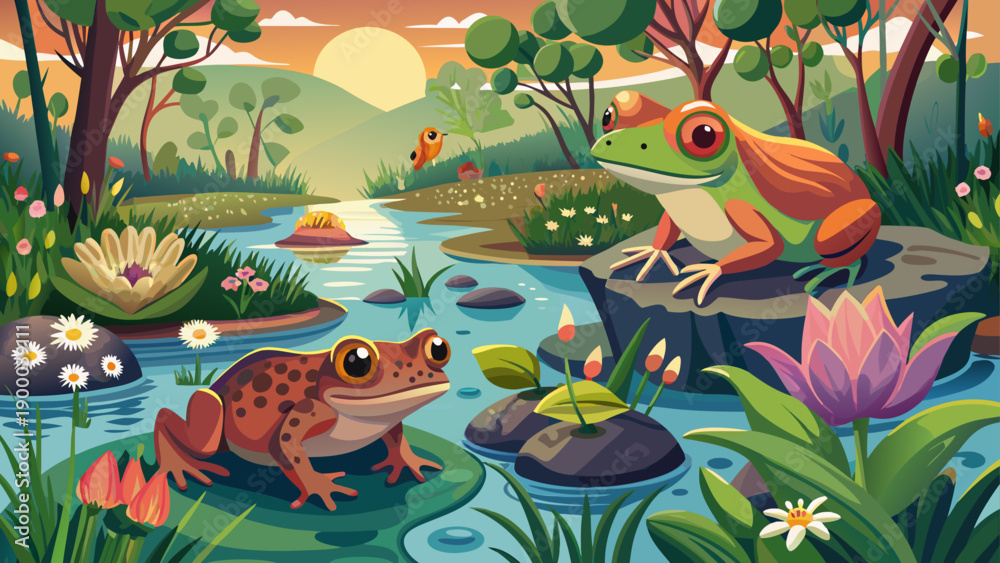Obraz premium Very beautiful documentary-style nature image capturing spring peepers during breeding season in vernal pools, highlighting seasonal rhythms, amphibian life, and fragile freshwater habitats.