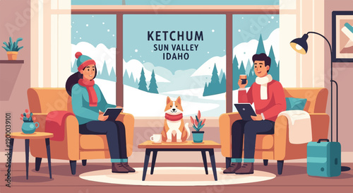 Couple relaxing indoors with dog, snowy mountains visible through window