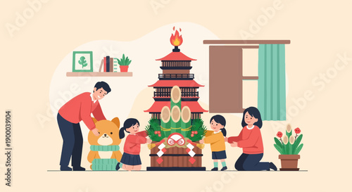 Family decorates traditional Japanese New Year shrine with stuffed animal