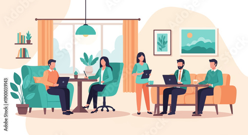 Diverse team collaborating and working remotely in a comfortable office
