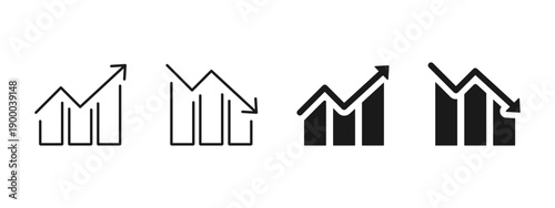Line and bar chart icon with arrow showing growth and decline trends. Business analytics illustration for statistics, data analysis, financial reports, performance metrics, market results