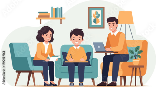 Family engaging in therapy session at home with therapist