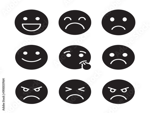 Set of emotional expression faces in minimalist black and white style