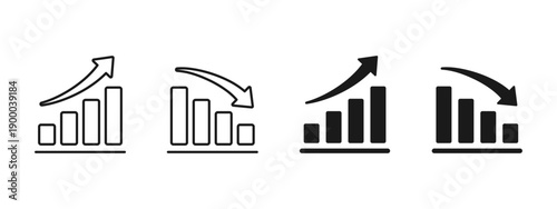Bar chart icon with curved arrow showing growth and decline trends. Business and finance analytics symbol for data analysis, statistics, performance reports, metrics tracking, market trends.
