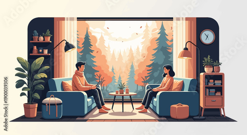 Cozy scene with couple relaxing by a window overlooking autumn forest