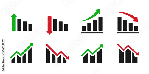 Business chart icon set showing growth and decline trends. Bar graphs with up and down arrows for analytics, statistics, financial performance, revenue increase, sales growth, profit loss.