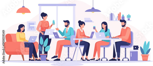 Diverse team collaborating at desks in a bright, modern office environment