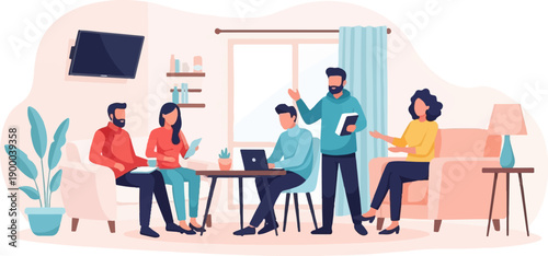 Diverse group collaborating and discussing ideas in a modern, casual office setting