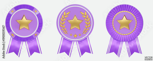 Set of 3D quality guarantees purple medals with gold star and ribbon. Purple badge warranty icon. Realistic graphics Certificate Badge, award badge, winner trophy prize, purple medal trophy.