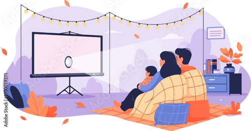 Family enjoying movie night at home under string lights and autumn leaves