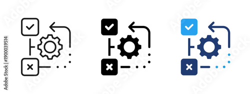 Workflow and decision process icon with approval and rejection paths. Symbol of automation, process management and system logic. Business workflow, task automation and process optimization.