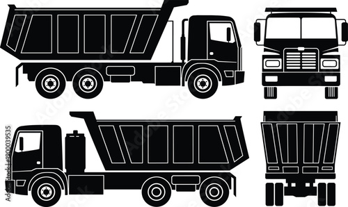 Dump truck silhouette set showing front side and rear views, heavy construction vehicle icons collection, black industrial transport illustration isolated on white background