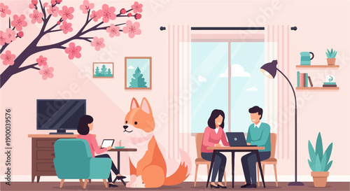 Cozy home scene with people, dog, and blooming tree