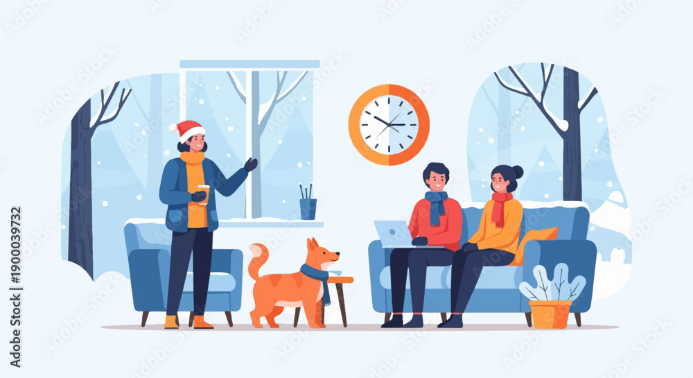 Fototapeta premium Cozy winter scene indoors with a dog and two people on a couch using a laptop