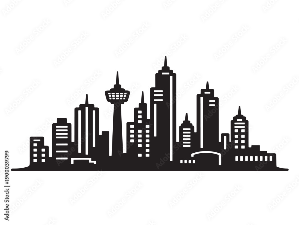 Fototapeta premium Minimalist black and white city skyline with iconic tower