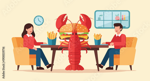Couple enjoys burgers, fries, and a giant lobster at a table