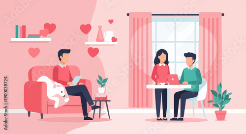 Cozy home scene with people, pet, and hearts, depicting comfort and togetherness