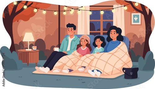Family enjoys movie night outdoors under string lights and autumn trees