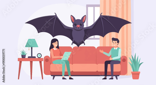 Couple relaxing on sofa with a giant bat hovering over them