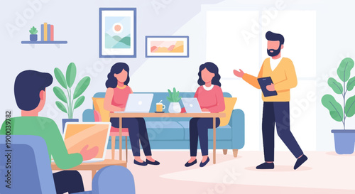 Diverse team collaborating in a modern, sunlit office space with plants