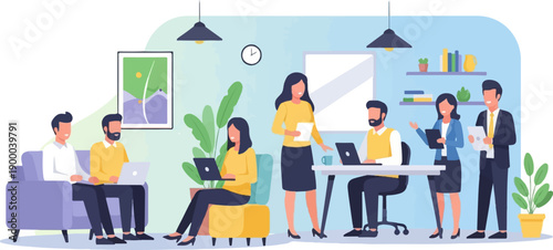 Diverse team collaborating in a modern, sunlit office space