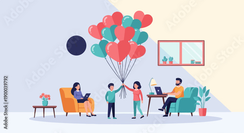 Family enjoys time together with balloons and laptops at home