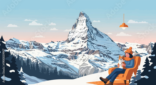 Cozy winter scene with a person and dog enjoying snowy mountain views
