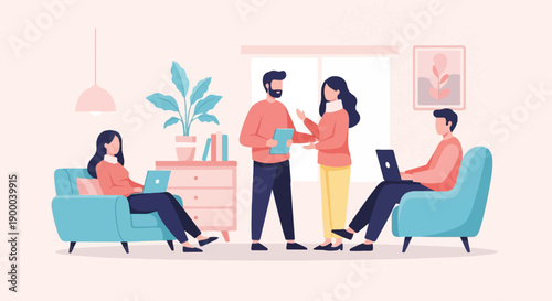 Diverse group collaborates in a modern, well-lit workspace setting