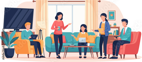 Diverse group collaborates in a modern, sunlit living room with tech and plants