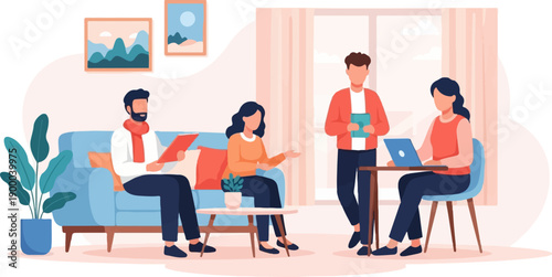 Diverse team collaborating indoors on a couch and at a desk