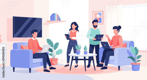 Diverse team collaborating on laptops and tablets in a modern living space