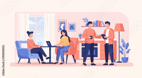 Cozy indoor scene of people working and conversing in a modern home