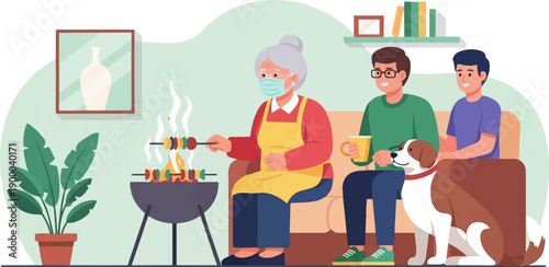 Family gathers for indoor barbecue with dog, while masked grandmother cooks