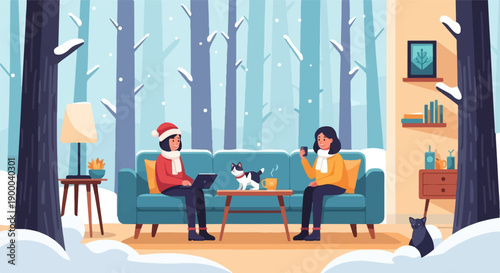 Cozy winter scene with people, cats, and snow-covered trees