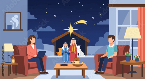 Family indoors by nativity scene under starry night sky, pets around